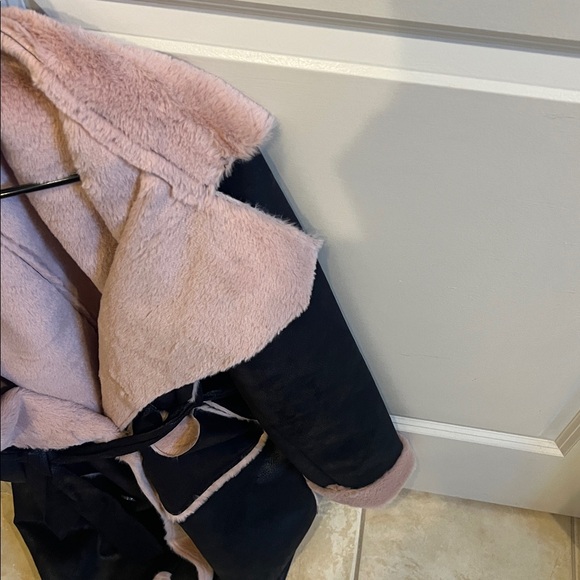 VENUS Black & Pink Faux Fur Lined Belted Coat - Picture 6 of 9